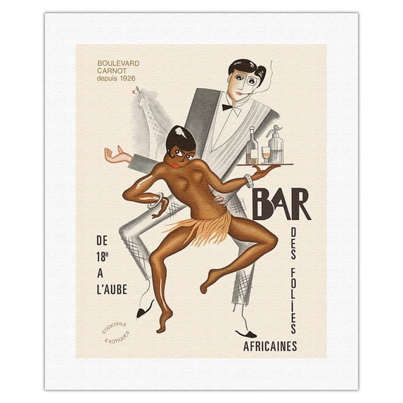 Bar Des Folies Africaines (African Bar) - Josephine Baker (?)- Cannes France - Vintage Cabaret Poster by Paul Colin c.1930 - Fine Art Rolled Canvas Print 16in x 20in