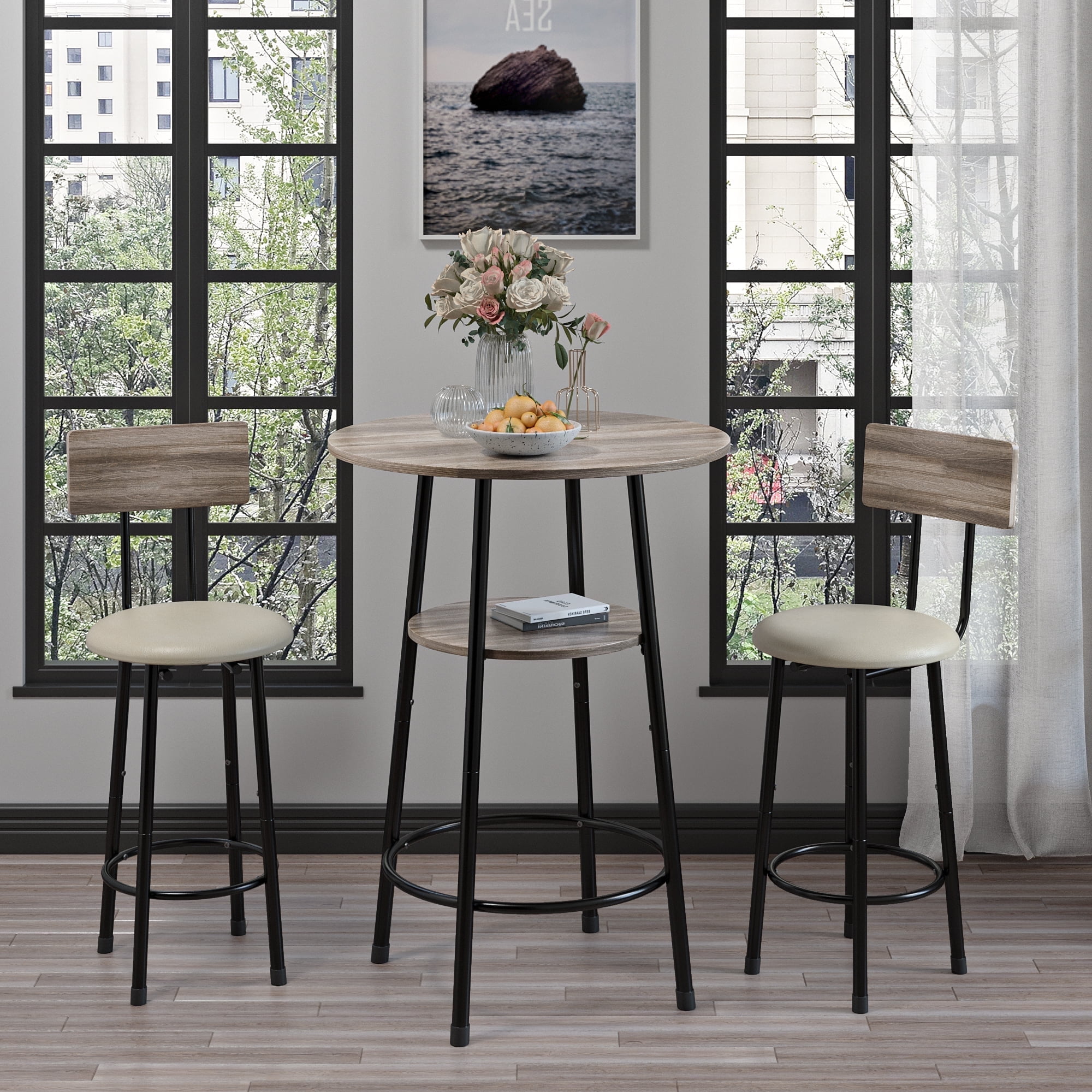 White Faux Marble 3-Piece Pub Dining Set with Storage Shelves