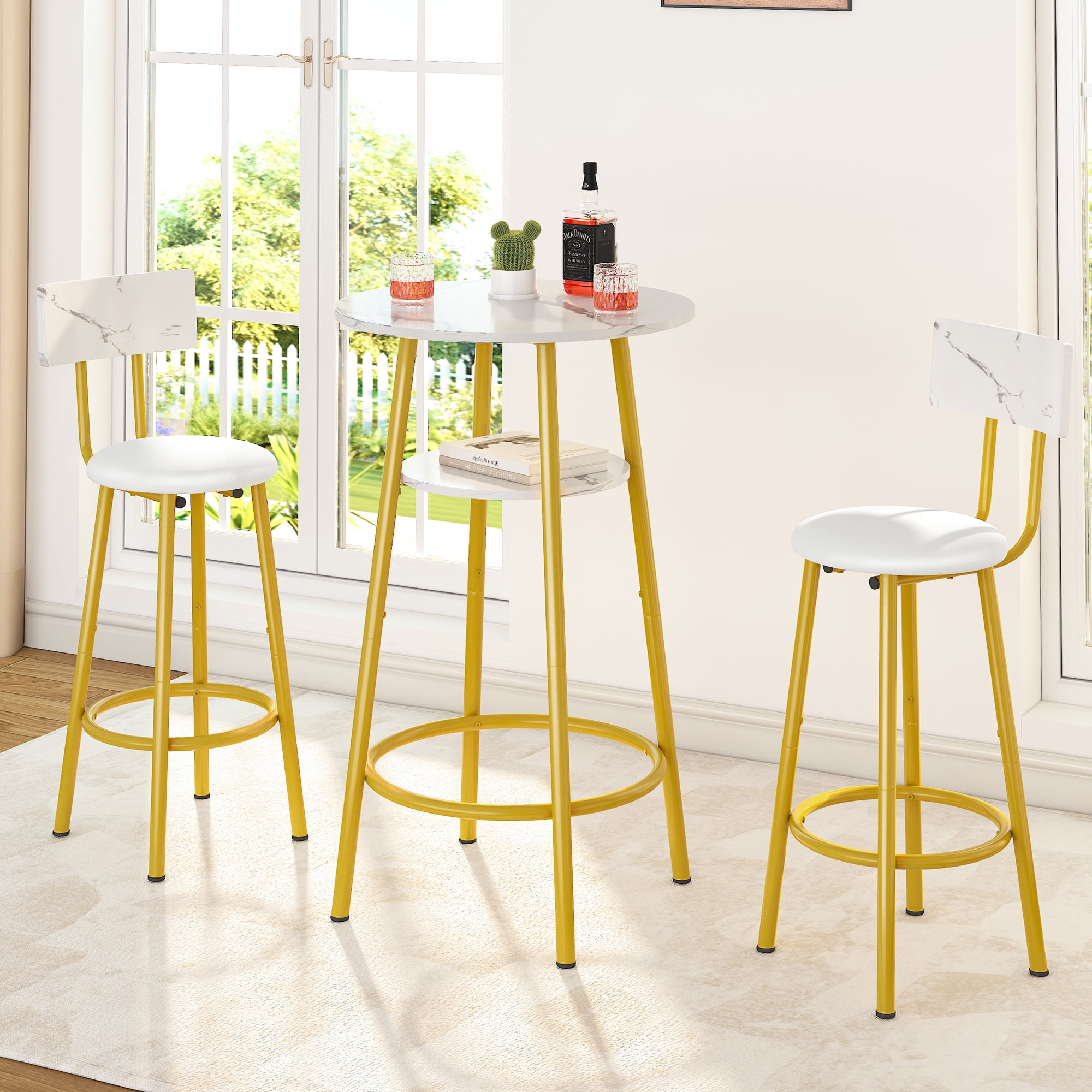White Faux Marble 3-Piece Pub Dining Set with Storage Shelves