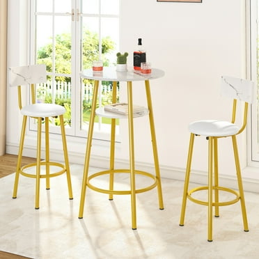 Bar Dining Set for 2 with High Top Table, 3-Piece Kitchen Island Set with 2 Stools and 2-Tier Shelves, Pub Dinette Set for Small Spaces, White, L0325