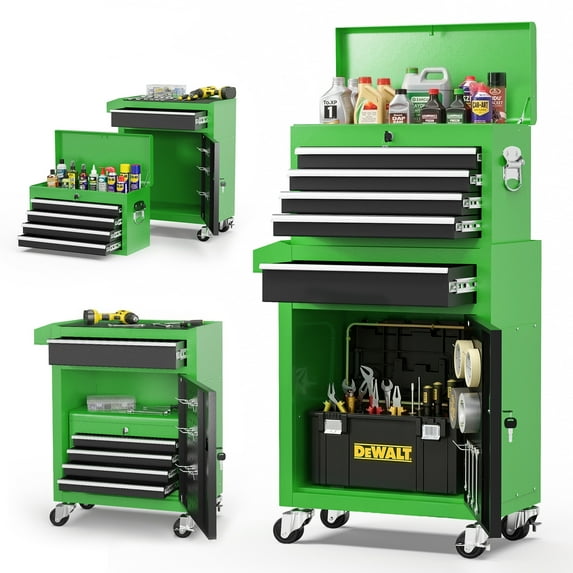 5-Drawer Tool Chest on Wheels, 2 In 1 Rolling Tool Storage Cabinet, Tool Organizer for Garage, Workshop, Warehouse & Repair Shop, Green