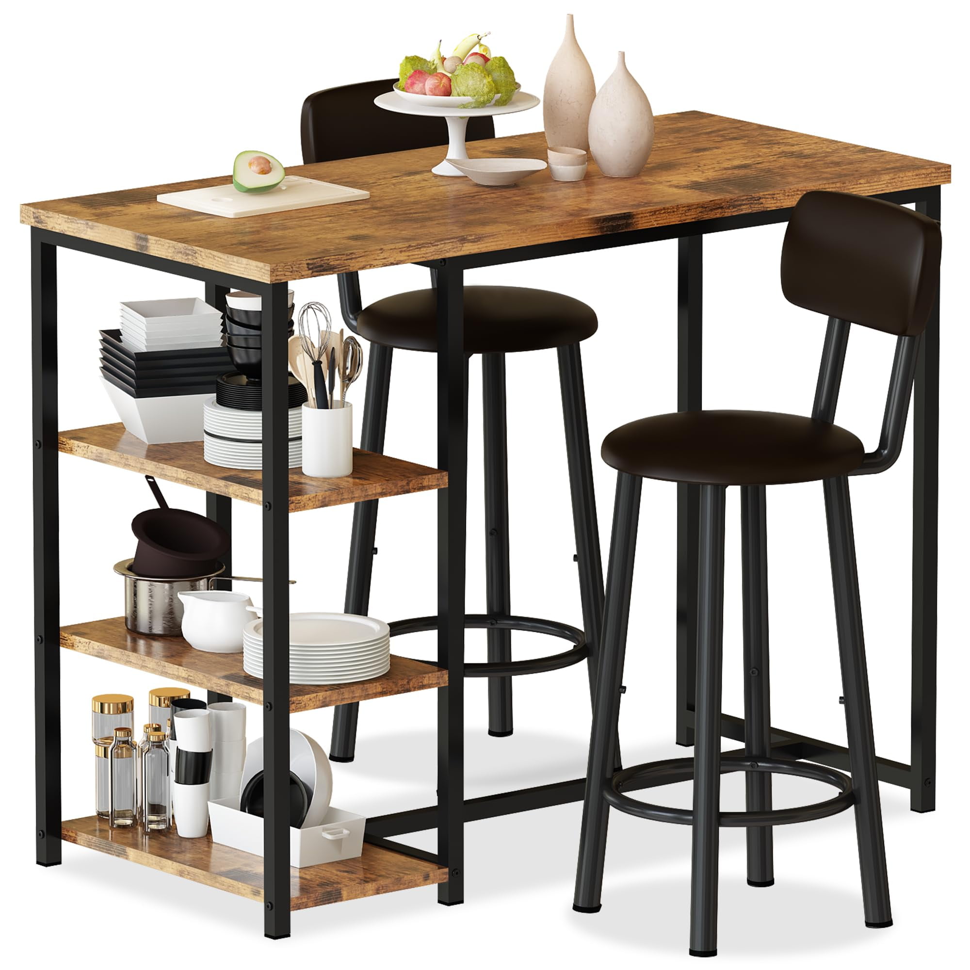 Bar Dining Table Set for 2 with 3 Storage Shelves, Modern Bar Table and ...