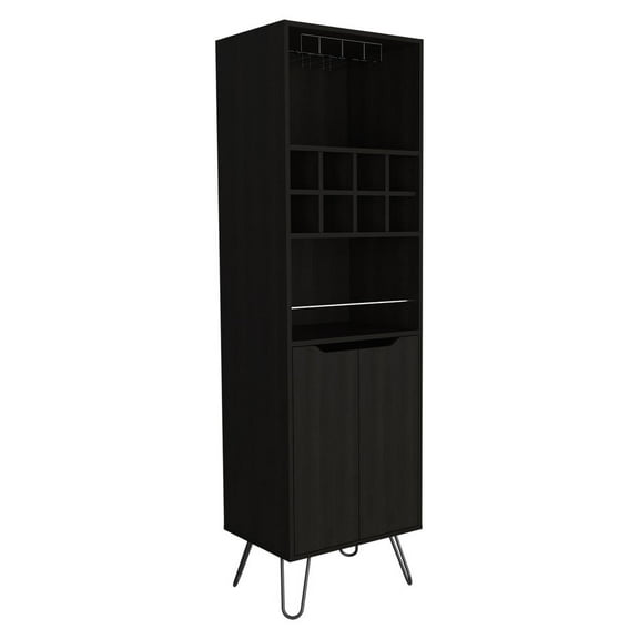Bar Double Door Cabinet 8 Built in Wine Rack 4 Legs 4 Shelves Black