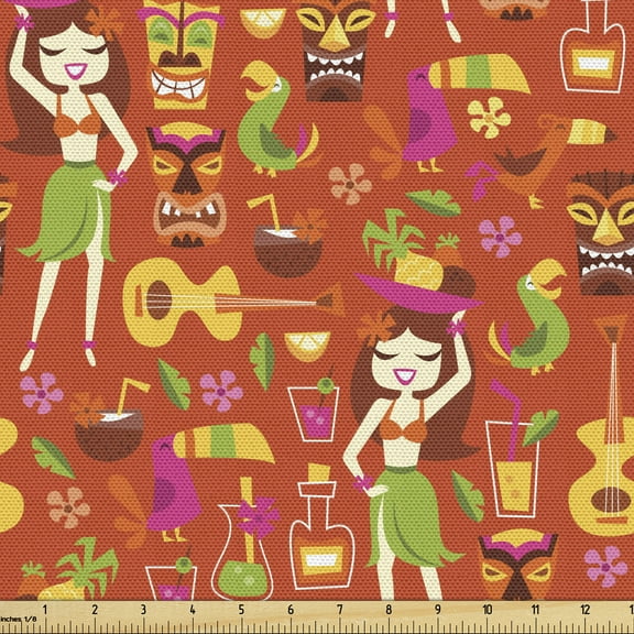 Ambesonne Bar Fabric by the Yard Upholstery, Hawaiian Luau Party Aloha Tiki, 5 Yards, Multicolor