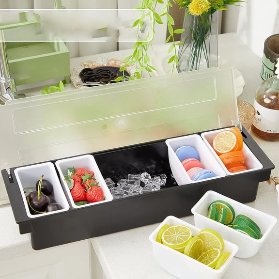 Bar Fruit Caddy with Lid Salad Condiment Server Black Plastic Garnish Tray Ice Chilled Condiment Caddy for Home Restaurant Bartending Serving Veggie Taco Salad Party Supplies