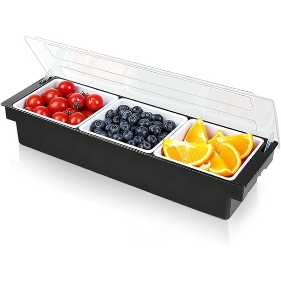 Bar Fruit Condiment Caddy With Lid,Bar Garnish Tray Caddy For Bartenders,Plastic Toppings Container For Fruits,Ice Cream,Salad(3 Compartment)