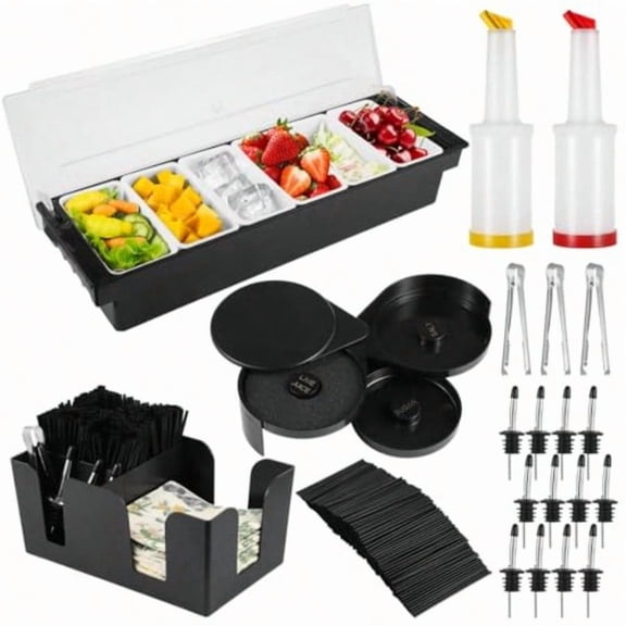 Bar Garnish Tray with Lid - 6-Grid Fruit Container 3-Tier Bar Rimmers 12 Stainl Steel Classic Bottle Pourers 2 Plastic Juice Pour Bottles 1000 Count Cocktail Stirrers 3 Serving Tongs Set