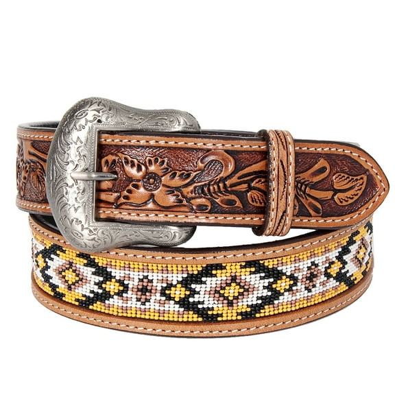 Bar H Equine Hand Carved Western Leather Belt Men Women Beaded Medium
