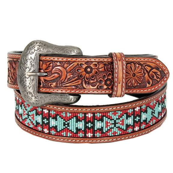Bar H Equine Hand Carved Western Leather Belt Men Women Beaded Medium