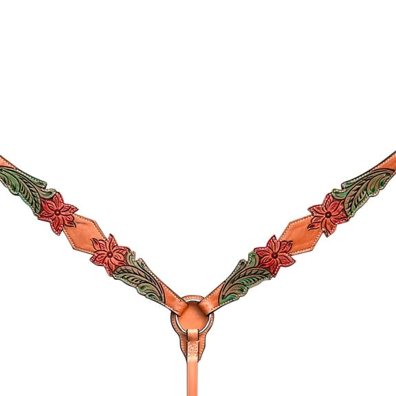Bar H Equine Horse Genuine Leather Floral Design Hand Painted Breast Collar Brown