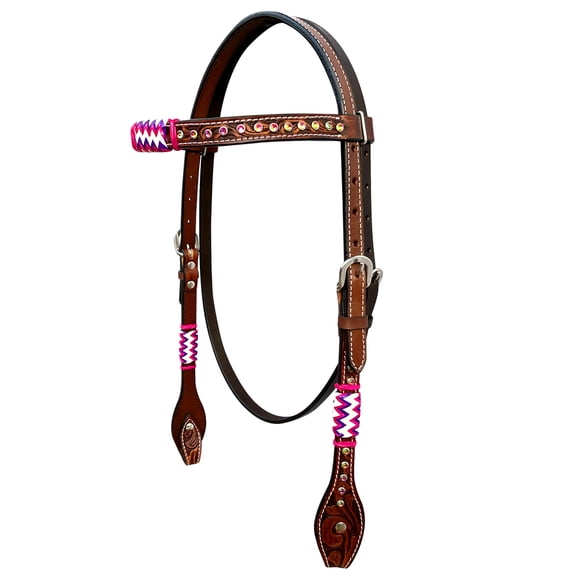 Bar H Equine Horse Genuine Leather RawHide Stud Headstall Brown
