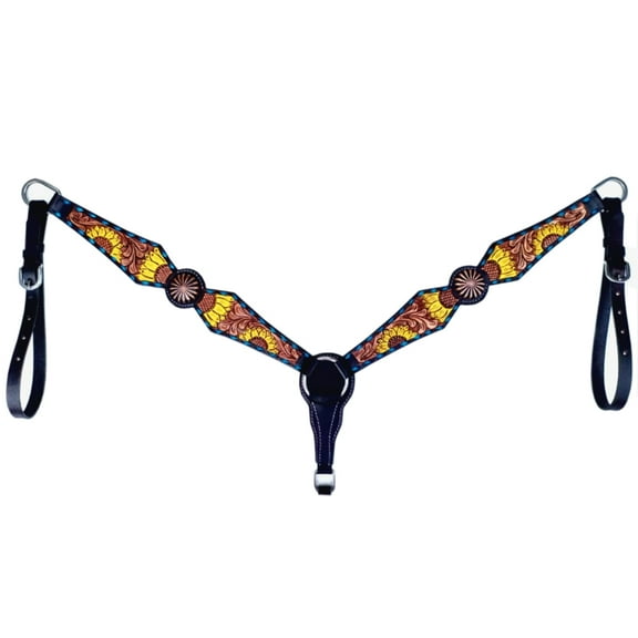 Bar H Equine Horse Leather Pinwheel Sunflower Floral Breast Collar Breast Dark Brown