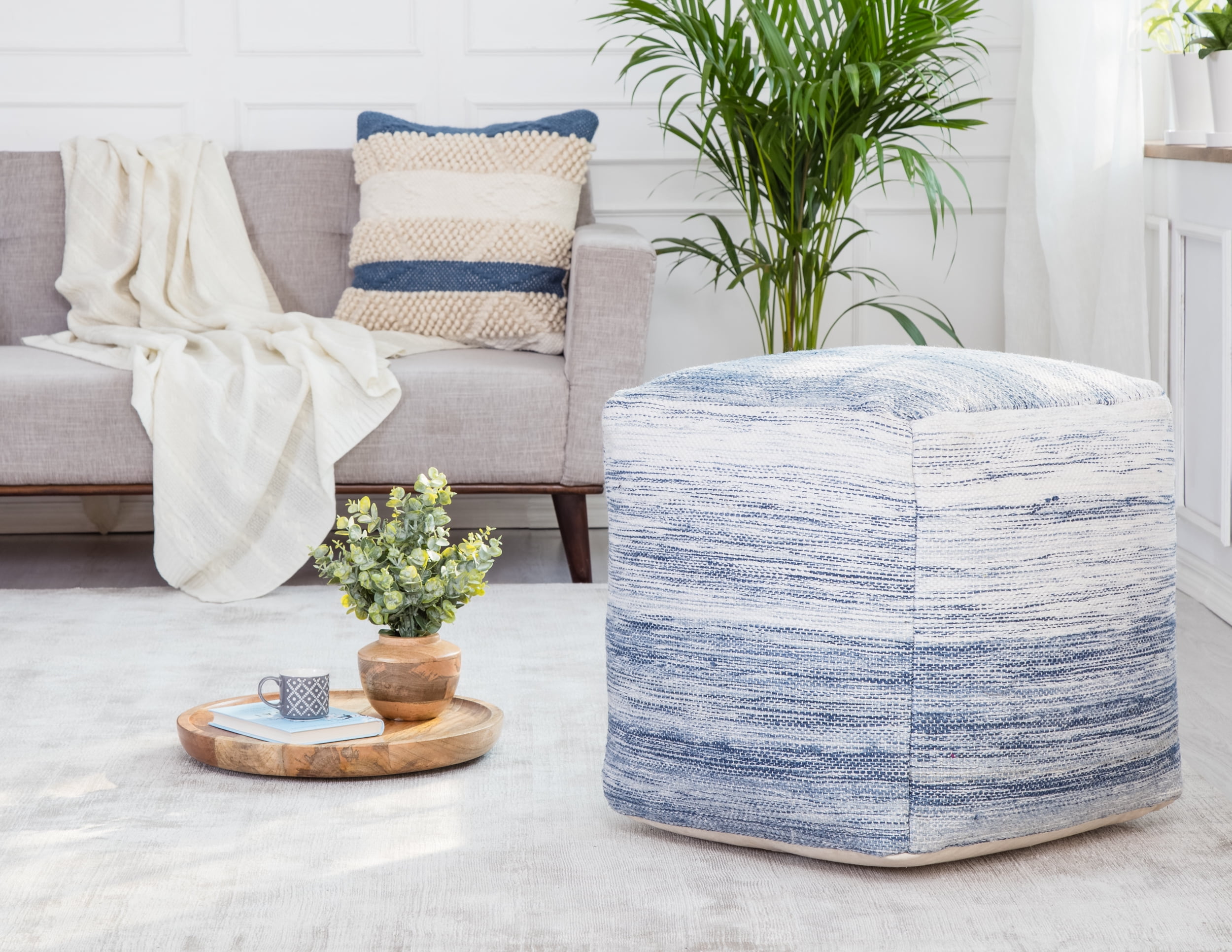 Bar Harbor 21" Blue and Ivory Cotton Pouf Ottoman
