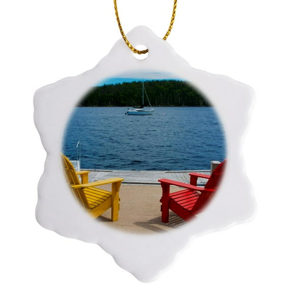 3drose, Bar Harbor, Maine, Adirondack Chairs on Dock with Relaxing View, 3 inch Snowflake Porcelain Ornament