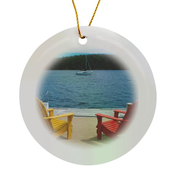 3drose, Bar Harbor, Maine, Adirondack Chairs on Dock with Relaxing View, Circle Porcelain Ornament