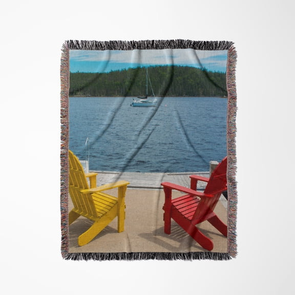 Bar Harbor, Maine, Adirondack Chairs On Dock With Relaxing View, Woven Blanket
