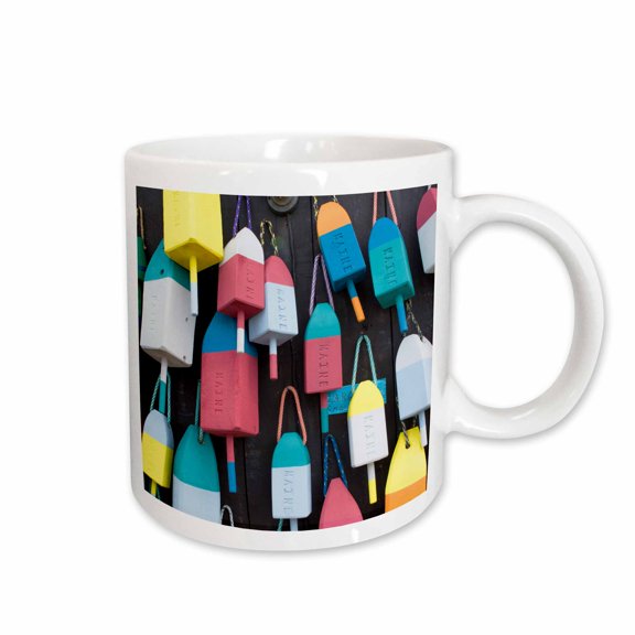 3drose, Bar Harbor, Maine, Colorful Buoys for Lobster Traps Hanging on Wall 01, 11oz Mug