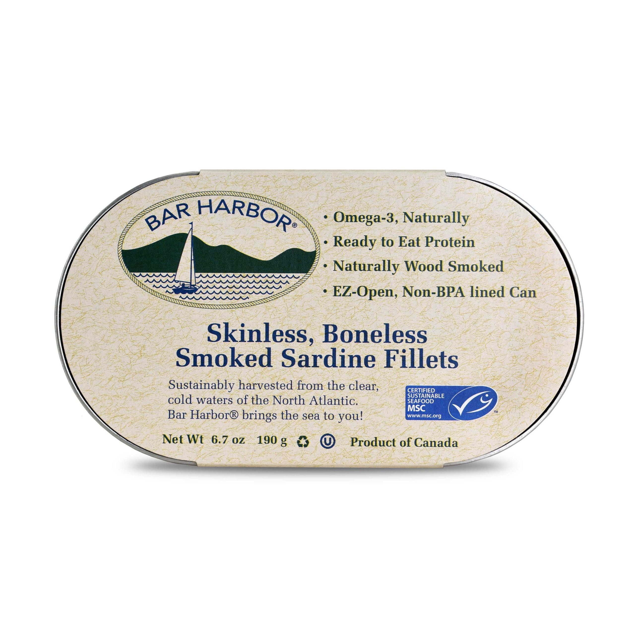 Bar Harbor Skinless Boneless Smoked Sardine Fillets in Tin-Free Steel Can