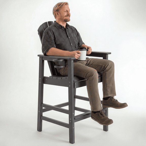 Bar Height Adirondack Chair, HDPE Outdoor Patio Bar Stool with Cup Holder, Weather Resistant for Deck, Porch, Backyard