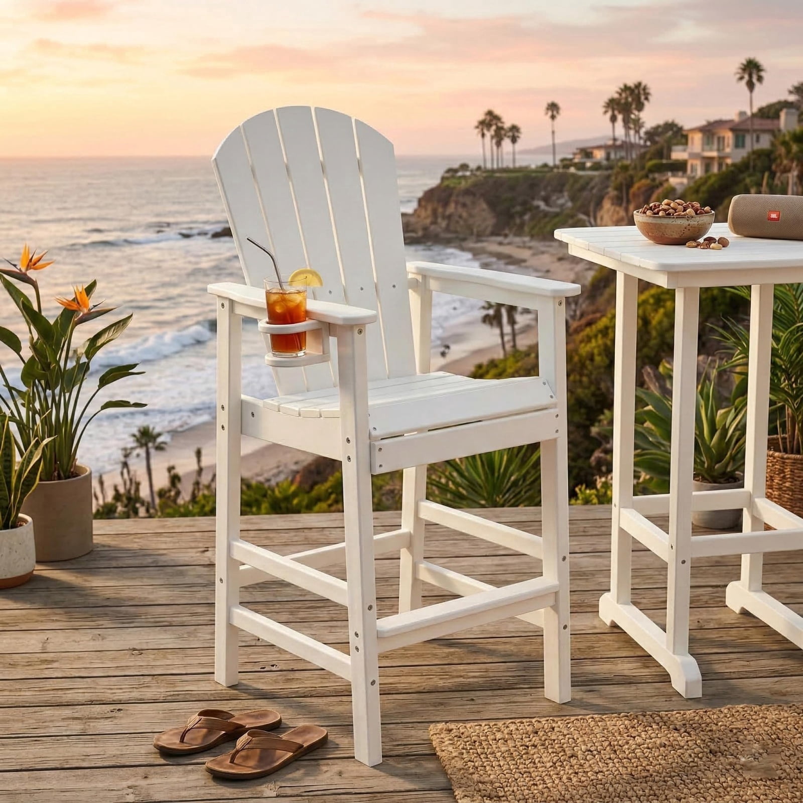 Bar Height Adirondack Chair with Cup Holder, Outdoor Patio HDPE Bar Chair with Armrests, Ergonomic High Back Chair for Deck, Porch, Backyard
