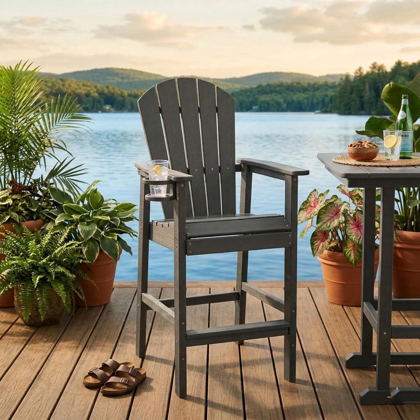 Bar Height Adirondack Chair with Cup Holder, Outdoor Patio HDPE Bar Chair with Armrests, Ergonomic High Back Chair for Deck, Porch, Backyard
