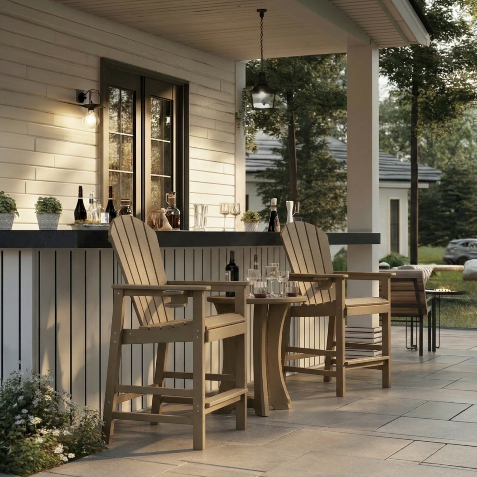 Bar Height Adirondack Chair with Cup Holder, Outdoor Patio HDPE Bar Chair with Armrests, Ergonomic High Back Chair for Deck, Porch, Backyard