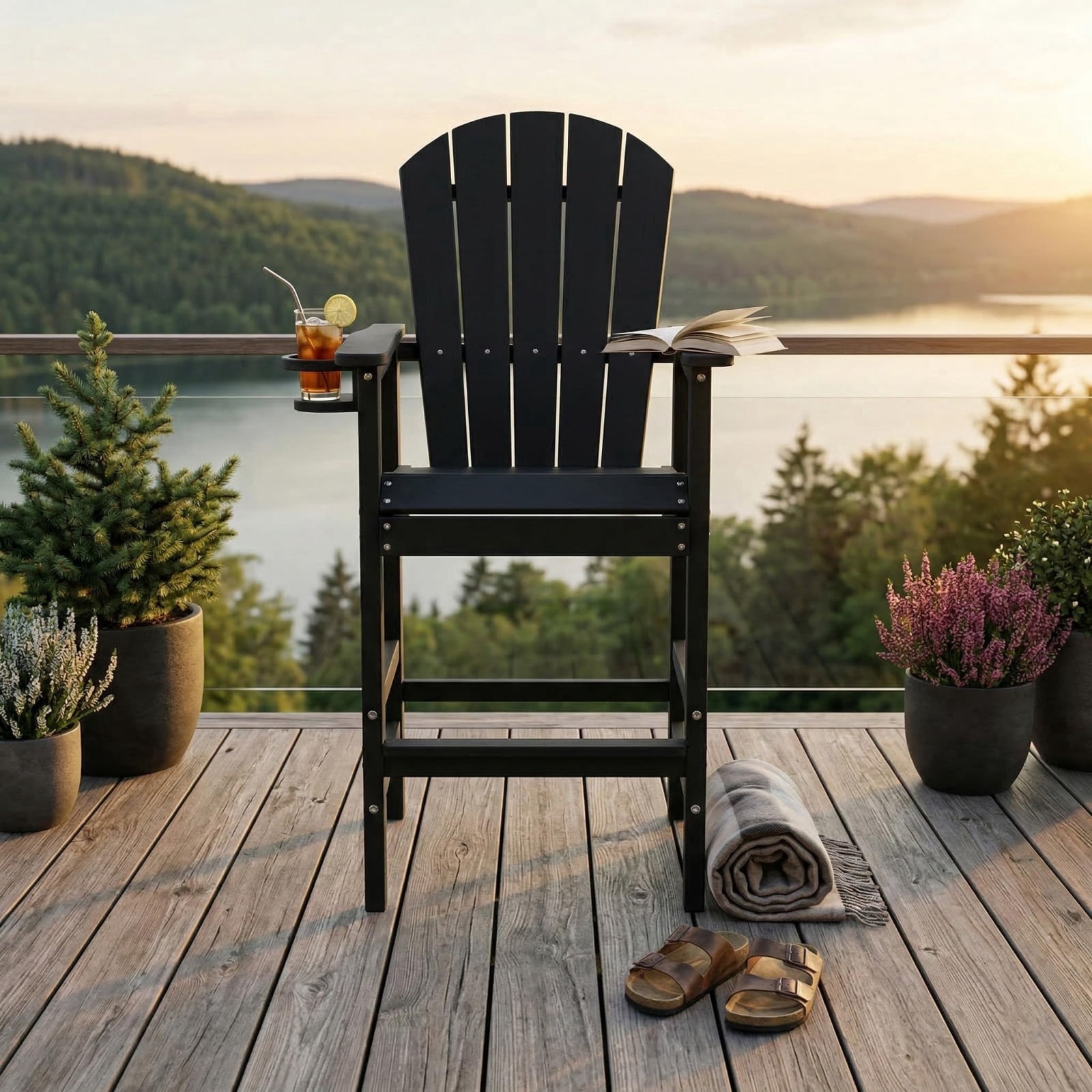 Bar Height Adirondack Chair with Cup Holder, Outdoor Patio HDPE Bar Chair with Armrests, Ergonomic High Back Chair for Deck, Porch, Backyard