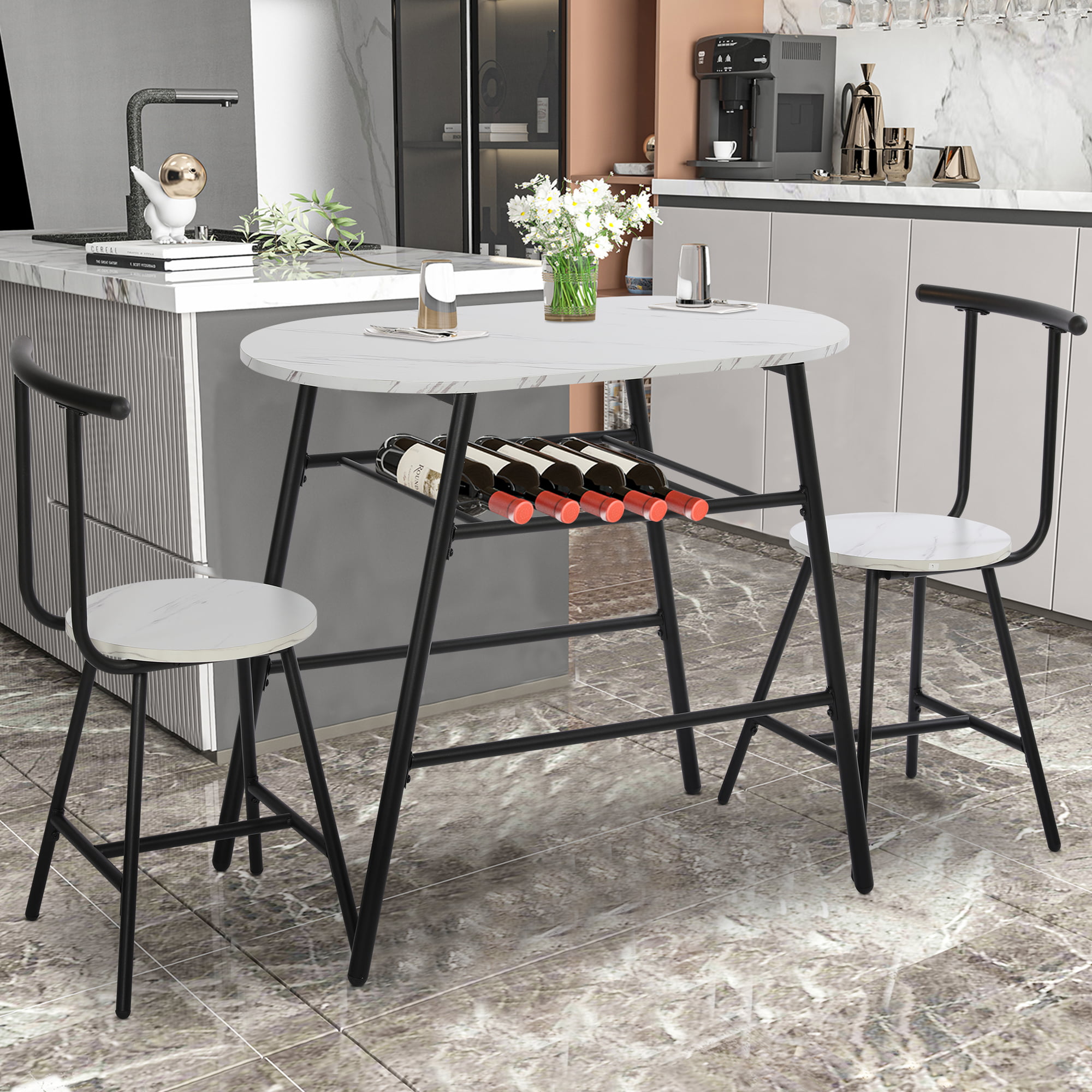 Mieres Small Dining Table Set for 2, Home Kitchen Furniture Perfect Choice, Compact & Durable, Easy Assembly, White Beige, Stools