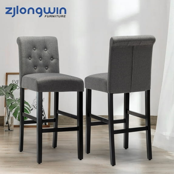Bar Height Full Back Button Tufted Fabric Upholstered 28.3" Bar Stool, Gray, Set of 2