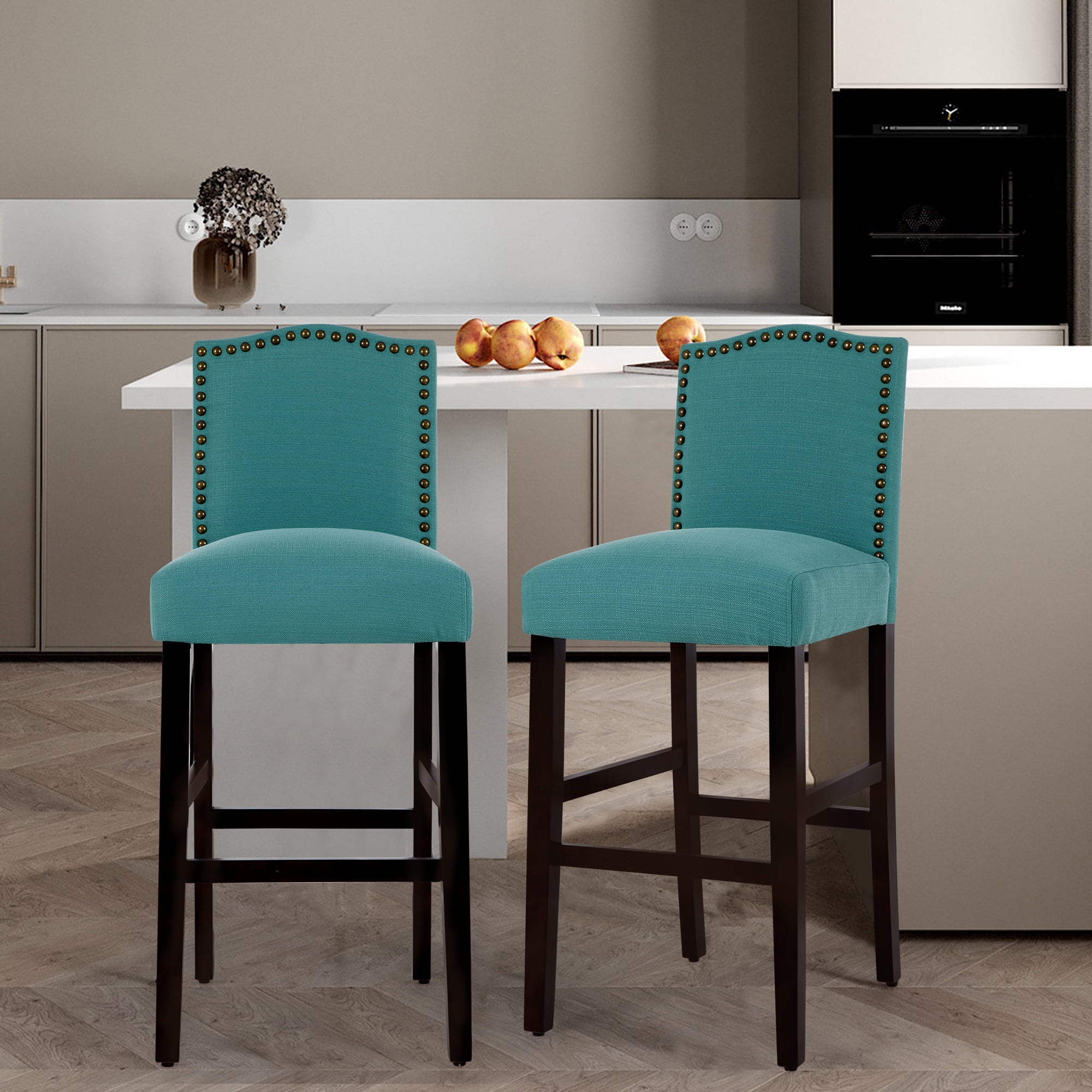 Bar Height Full Back Classic Fabric Upholstered Bar Chairs with Solid ...
