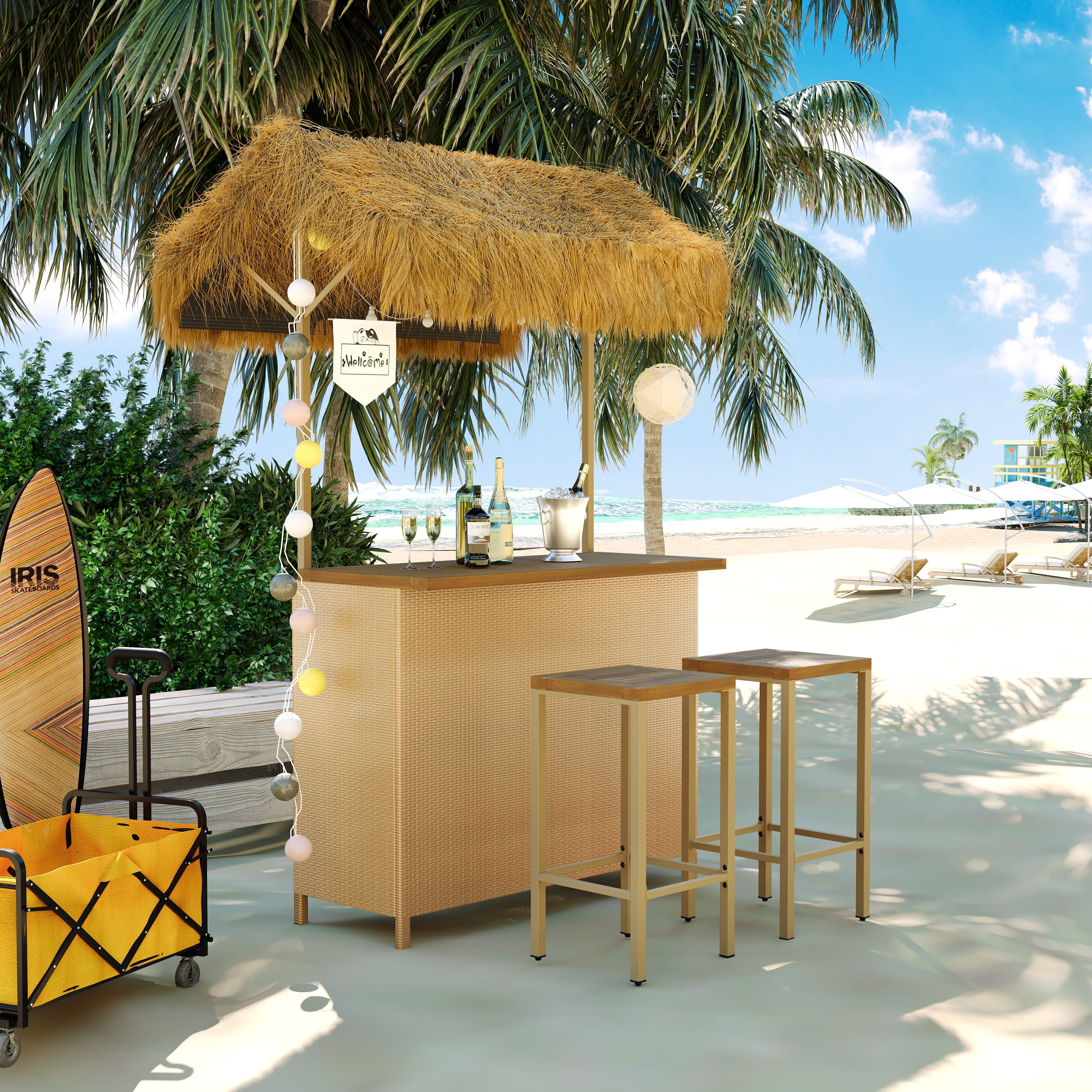 Bar Height Patio Set with PE Grass Canopy, Outdoor Bar Table and Stools with Adjustable Feet, Acacia Wood Top, for Dining and Drinking, Natural