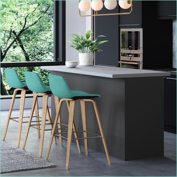 Stools, Mid-Century Modern Counter/Bar Height Set of 2 | Kitchen/Family Room | Aqua Blue | Fabric