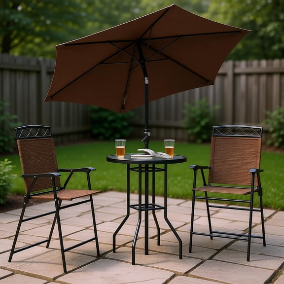 Bar Height Table and Chairs Set 4 Piece Outdoor Bistro Set with Tilting Market Umbrella 27.5 Inch Round Patio Bar Table 2 Folding Chairs for Balcony Deck Poolside Small Space Conversation Set