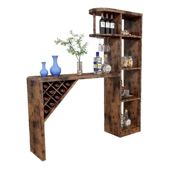Benjara Bar Height Table- Glass Racks w Bottle Holders- 73" Classic Brown