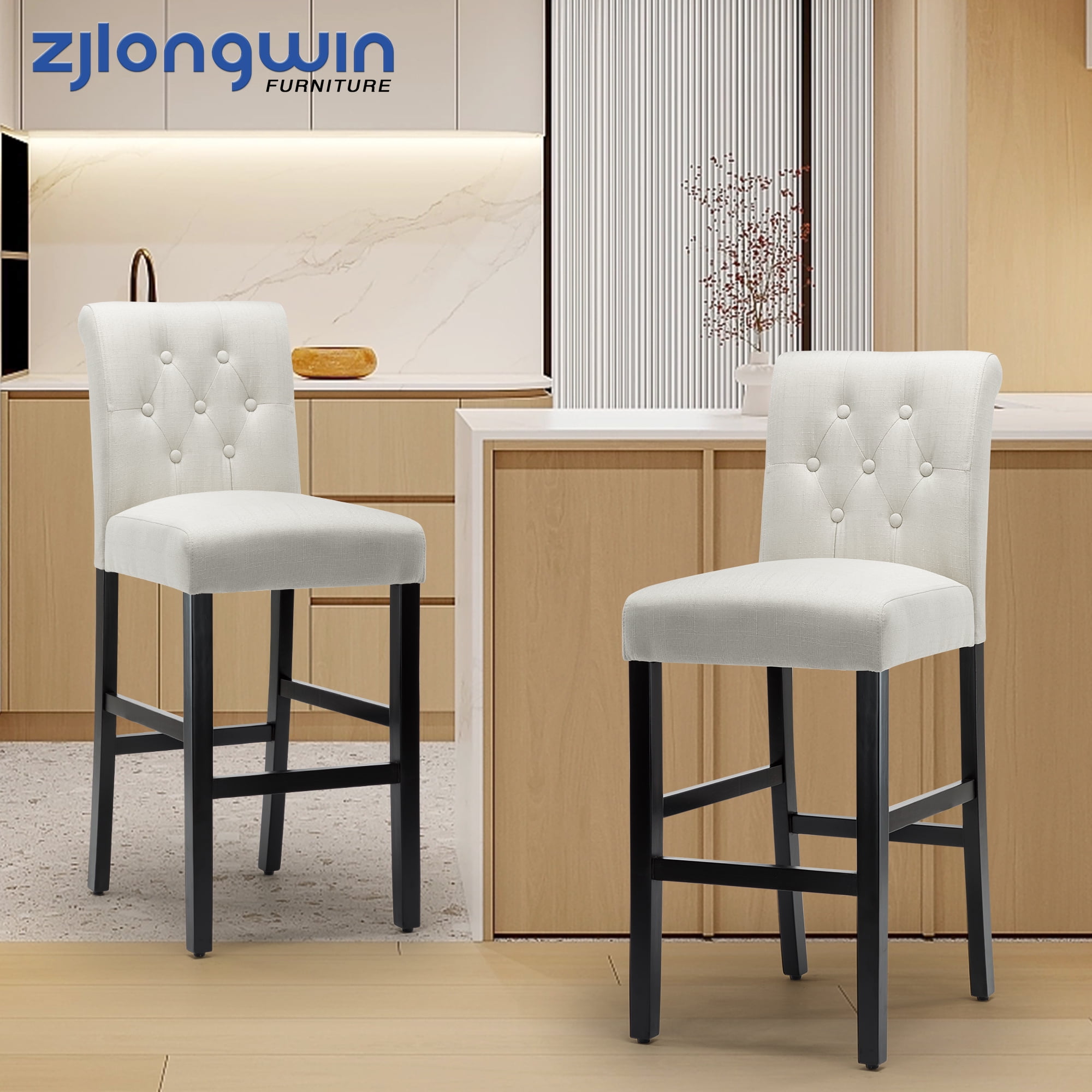 Beige Linen Upholstered Bar Stools with Black Wood Legs, Set of 2