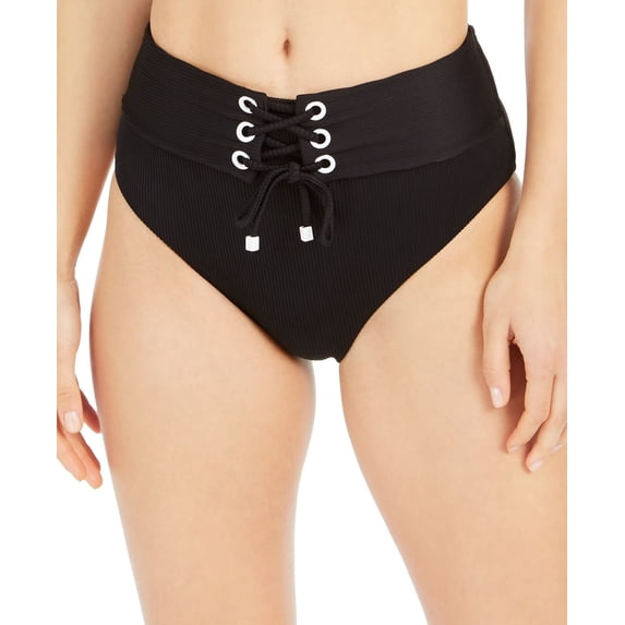 Bar III BLACK Ribbed Grommet High-Waist Bikini Swim Bottom, US X-Large