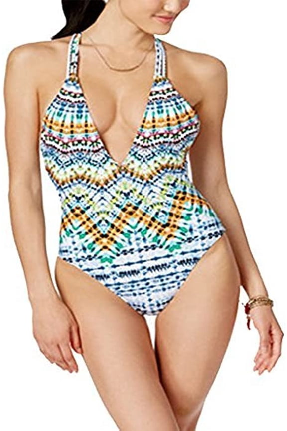 BLUE MULTI Tulum Macrame Racerback One-Piece Swimsuit, US X-Small