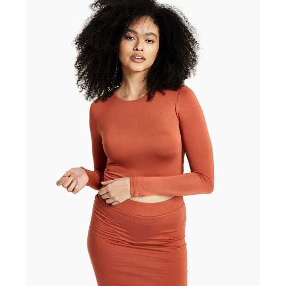 Bar III Bodycon Long Sleeve Cropped Top Terra Stone L
