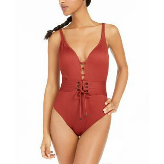Bar III CRIMSON Ribbed Grommet Lace-Up One -Piece Swimsuit, US X-Small