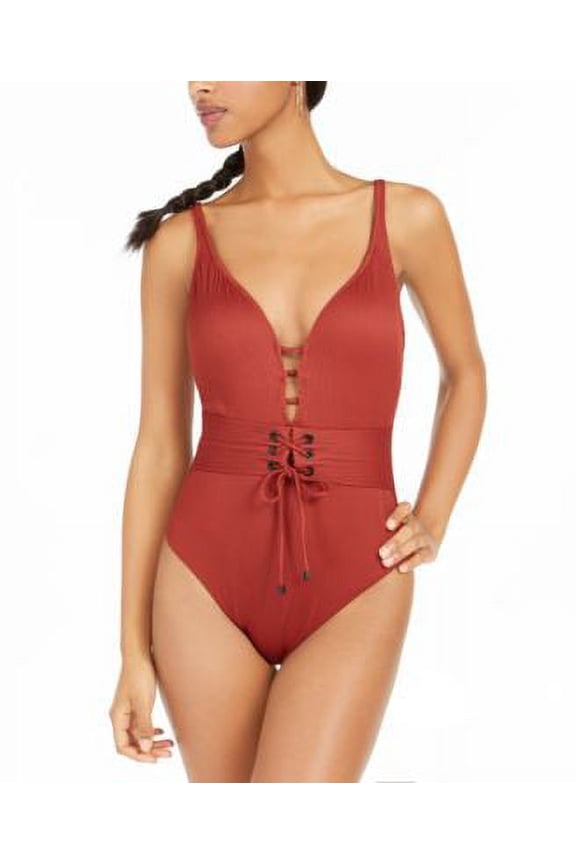 CRIMSON Ribbed Grommet Lace-Up One -Piece Swimsuit, US X-Small