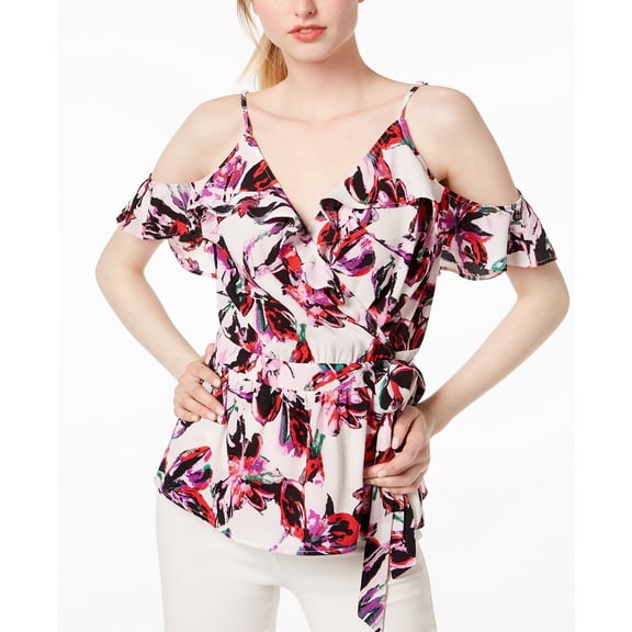 Bar III Cold Shoulder Printed Surplice Top White XS