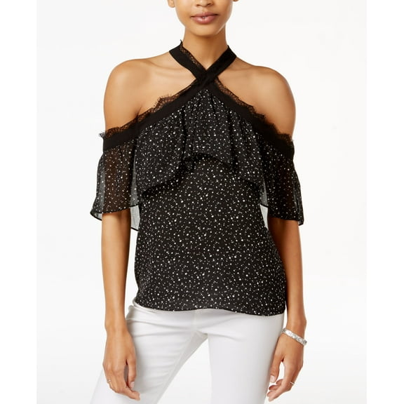 Bar III Cold Shoulder Ruffled Top Black Combo S