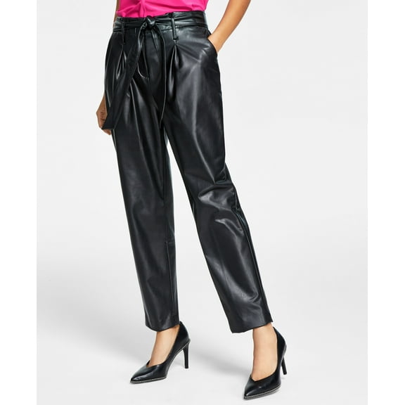 Bar III Faux Leather Paperbag Waist Pants Black 14