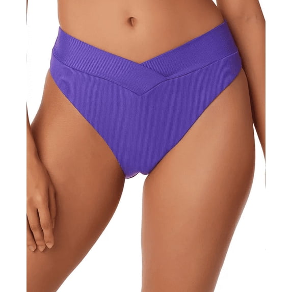 Bar III HIBISCUS PURPLE Micro Rib V-Waist Bikini Swim Bottom, US Medium