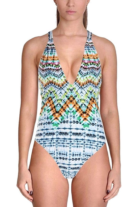 MULTI Tulum Tie-Dyed Macrame Racerback One-Piece Swimsuit, US Large