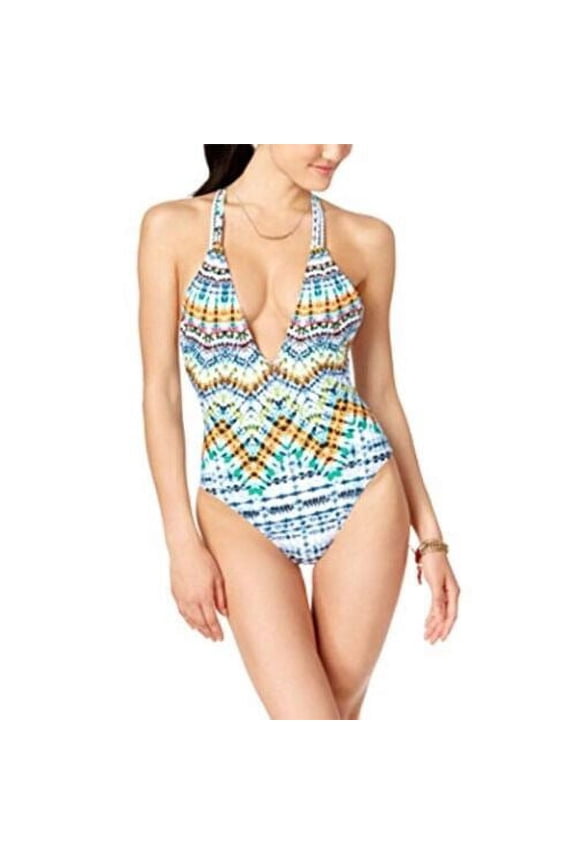 MULTI Tulum Tie-Dyed Macrame Racerback One-Piece Swimsuit, US Small