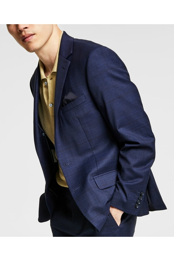 Mens Skinny fit Suit Jacket Blazer 44 R Navy Blue Plaid