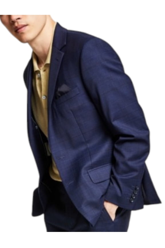 Mens Skinny fit Suit Jacket Blazer 44 L Navy Blue Plaid Stretch Wool