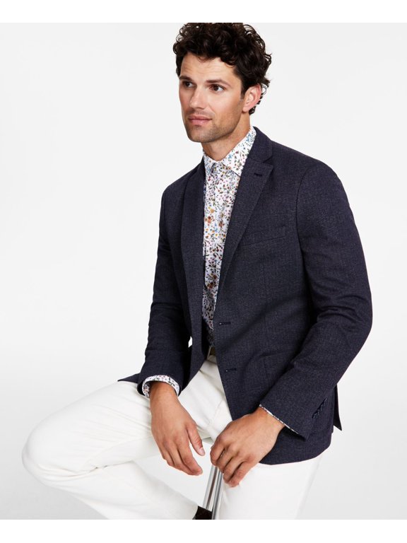 Mens Slim-Fit Knit Herringbone Sport Coat, Navy, 42S