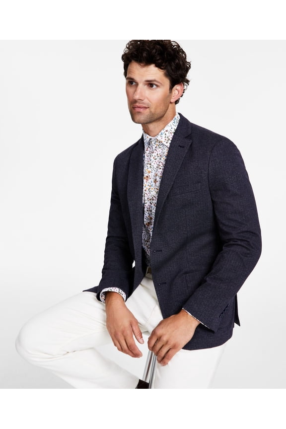 Mens Slim-Fit Knit Herringbone Sport Coat, Navy, 42S